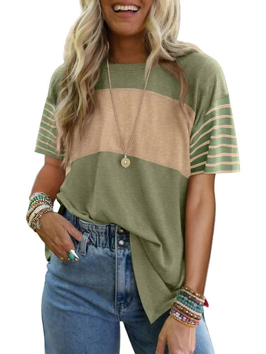 💜 LAST DAY PROMOTION - 50%OFF 💜 Women's Casual Round Neck Striped Color Clash Short Sleeve Top