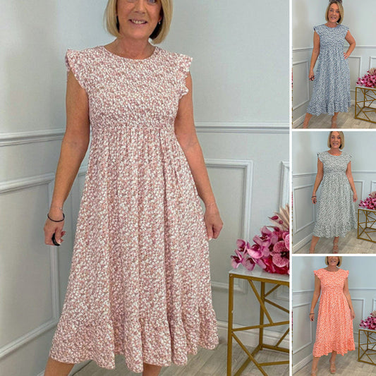 💜 LAST DAY PROMOTION - 50%OFF 💜Women's Elegant Floral Print High-Waisted Ruffle Cap Sleeve Dress