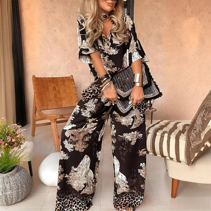 🔥🌊Summer Big Sale 50% OFF!!💃Daily needs!✅ Printed V-neck set | A set of solutions to wear, casual and fashionable, not tired of wearing every day