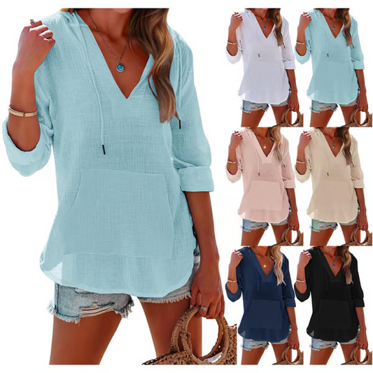 💜 LAST DAY PROMOTION - 50%OFF 💜 Women's Solid V-Neck Long Sleeve Hooded Top with Pocket