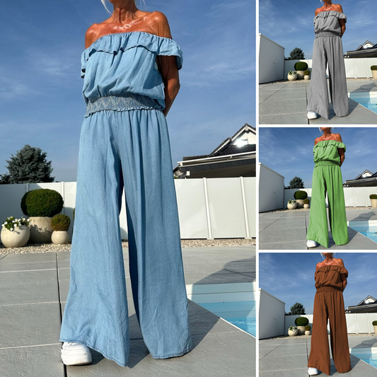 💜 LAST DAY PROMOTION - 50%OFF 💜 Women's Solid Off-the-Shoulder Top & Wide-Leg Pants 2-Piece Set