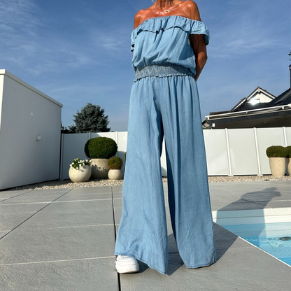 💜 LAST DAY PROMOTION - 50%OFF 💜 Women's Solid Off-the-Shoulder Top & Wide-Leg Pants 2-Piece Set