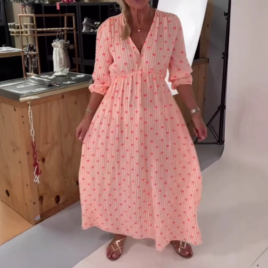 💜 LAST DAY PROMOTION - 50%OFF 💜 V-Neck Striped Short Sleeve Dress with Heart Print