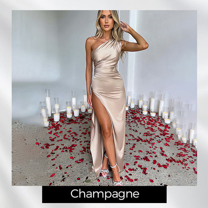 💜 LAST DAY PROMOTION 50%OFF 💜Fits Your Curves Satin One Shoulder Drape Slit Maxi Dress