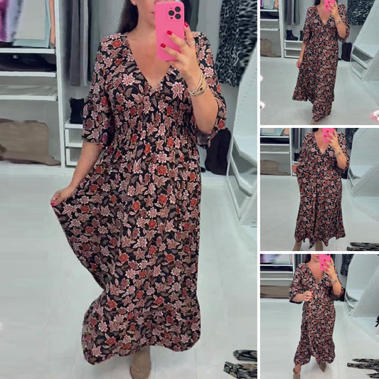 💜 LAST DAY PROMOTION - 50%OFF 💜 V-neck Printed Maxi Dress with 3/4 Sleeves