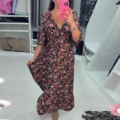 💜 LAST DAY PROMOTION - 50%OFF 💜 V-neck Printed Maxi Dress with 3/4 Sleeves