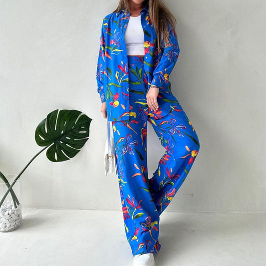 💜 LAST DAY PROMOTION - 50%OFF 💜Floral Print Shirt & Wide-Leg Pants Set