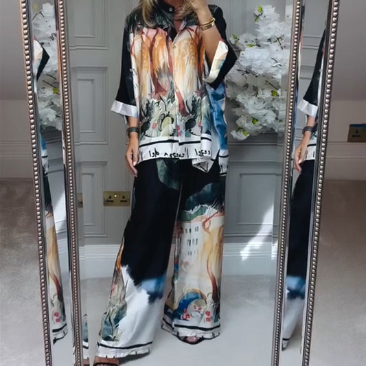 💜 LAST DAY PROMOTION - 50%OFF 💜Loose Printed Shirt & Wide-Leg Pants 2-Piece Set