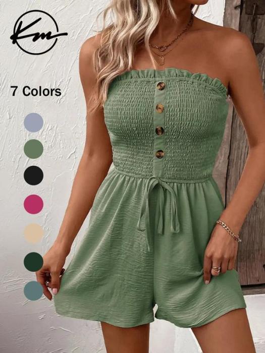 💜 LAST DAY PROMOTION - 50%OFF 💜 Women's Strapless Frill Trim Shirred Tie Front Wide Leg Tube Romper